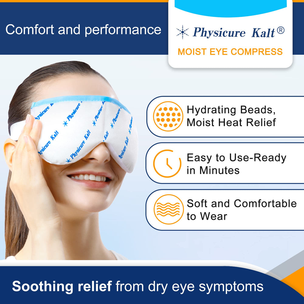 Physicure Kalt worn over closed eyes demonstrating soothing moist-heat relief