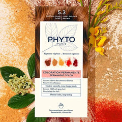 PHYTO color cream bottle and milk developer displayed for accurate mixing
