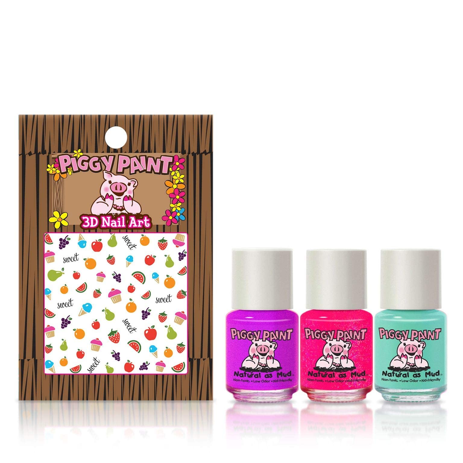 Piggy Paint three 0.25 oz bottles viewed from top displaying caps