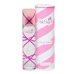Pink Sugar front bottle in pink and white glass displaying sweet, feminine packaging and inviting aroma