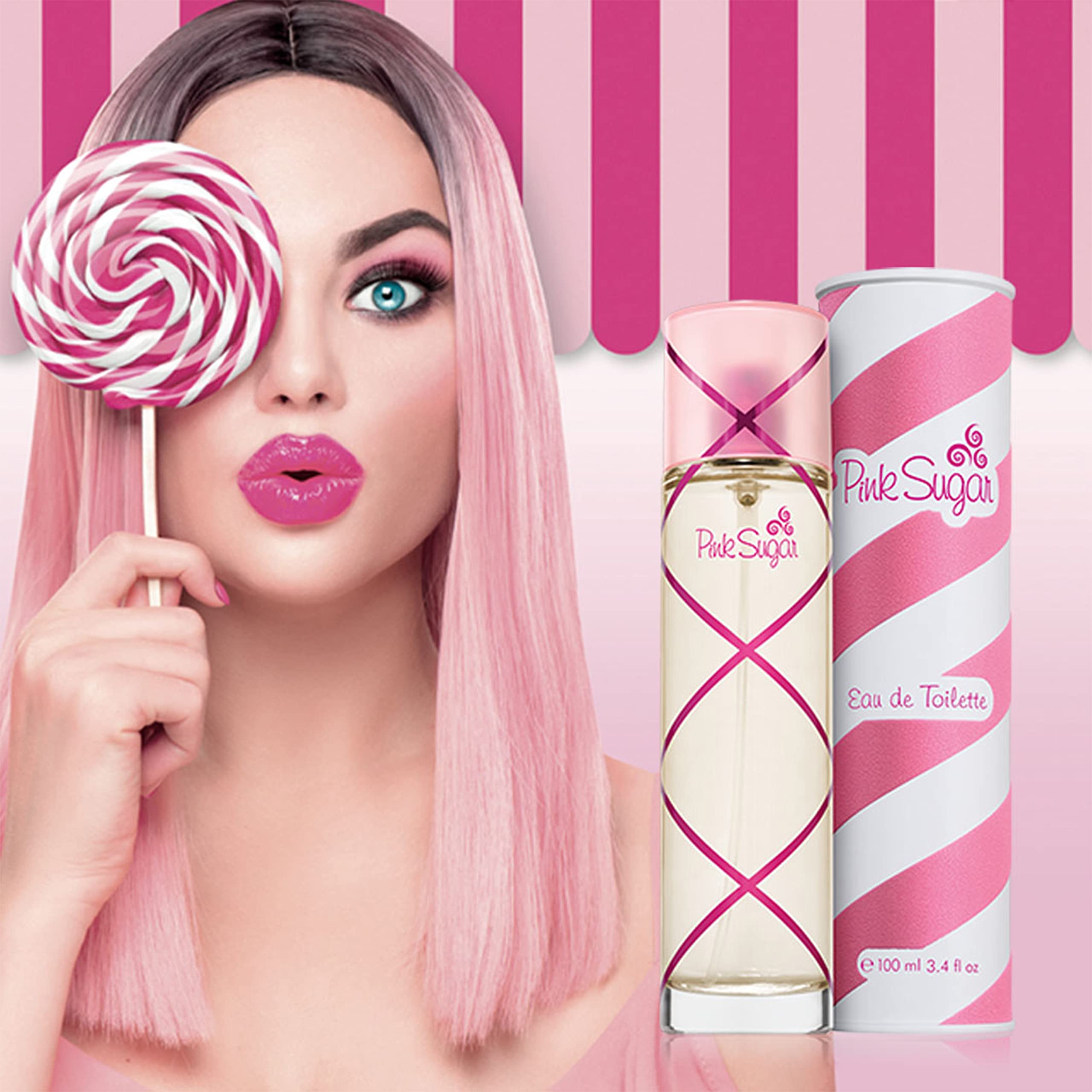 Pink Sugar bottle beside a hand for size comparison showing 3.4 fl oz benefits scale clarity