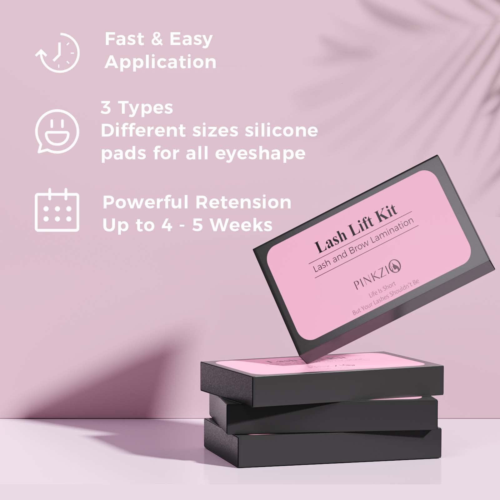 PINKZIO natural lashes lifted on silicone pad during treatment, even curl and control benefit