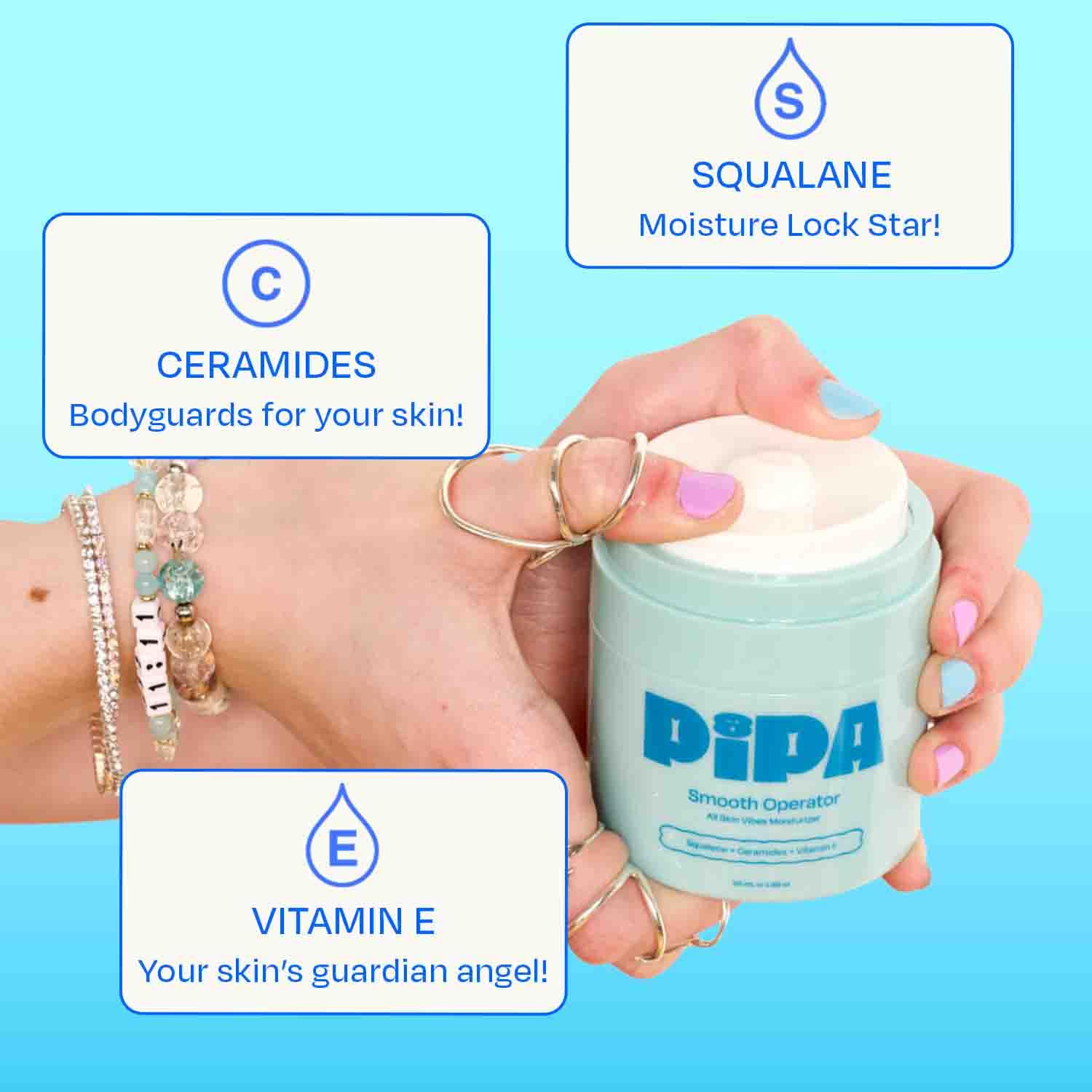 Pipa moisturizer held in hand illustrating compact travel-friendly 1.7 oz size