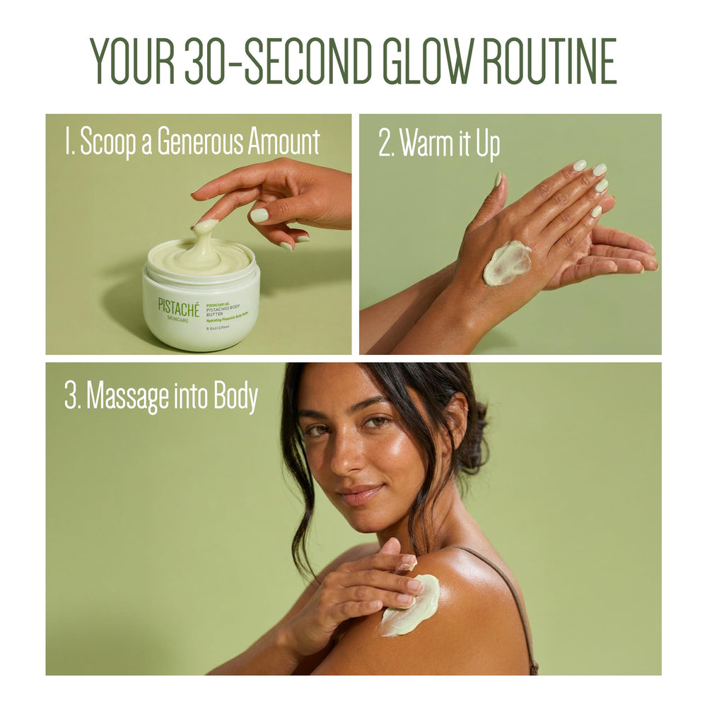 Pistaché Skincare jar on bathroom vanity suggesting daily routine use