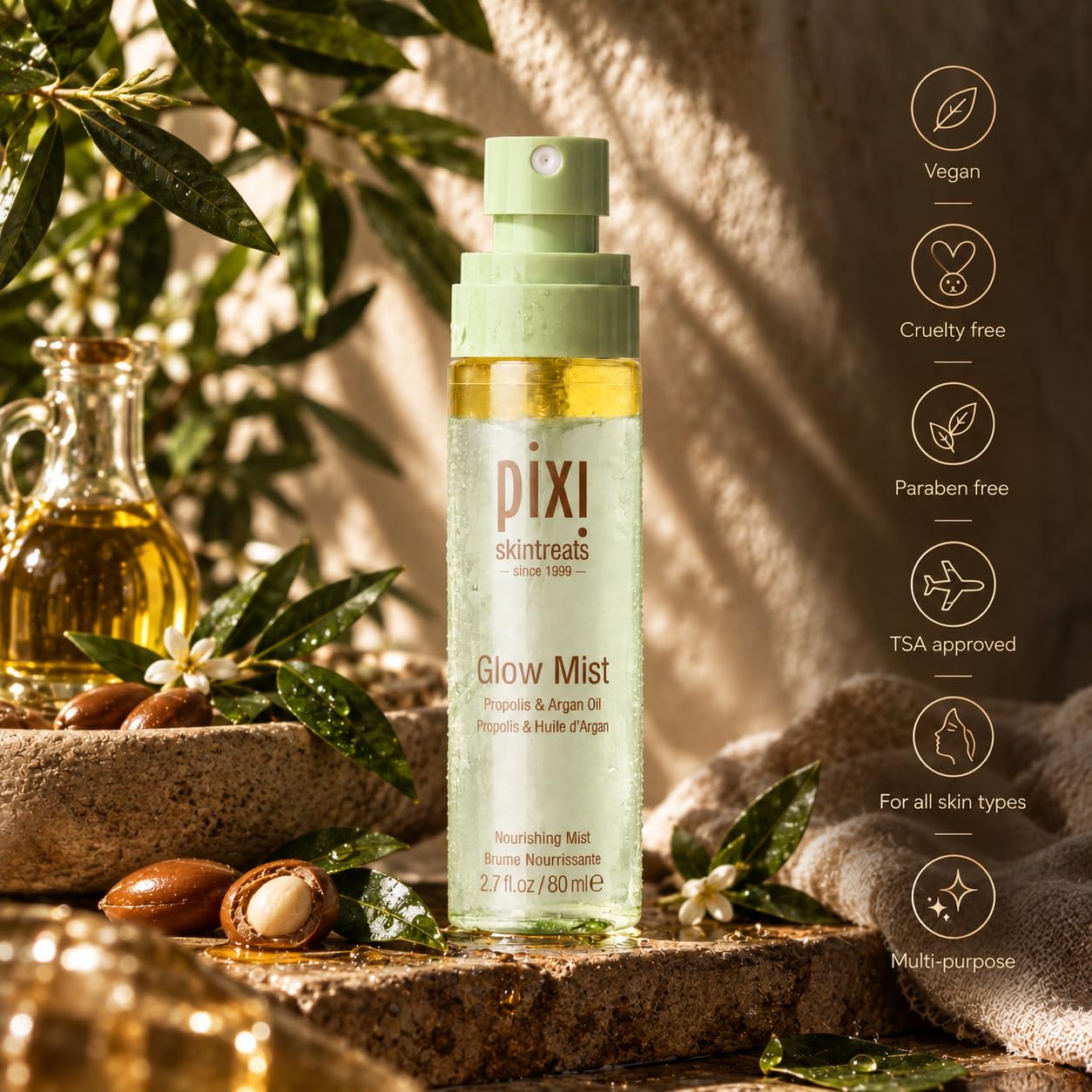 Lifestyle bathroom scene with Pixi mist showing daily routine benefit