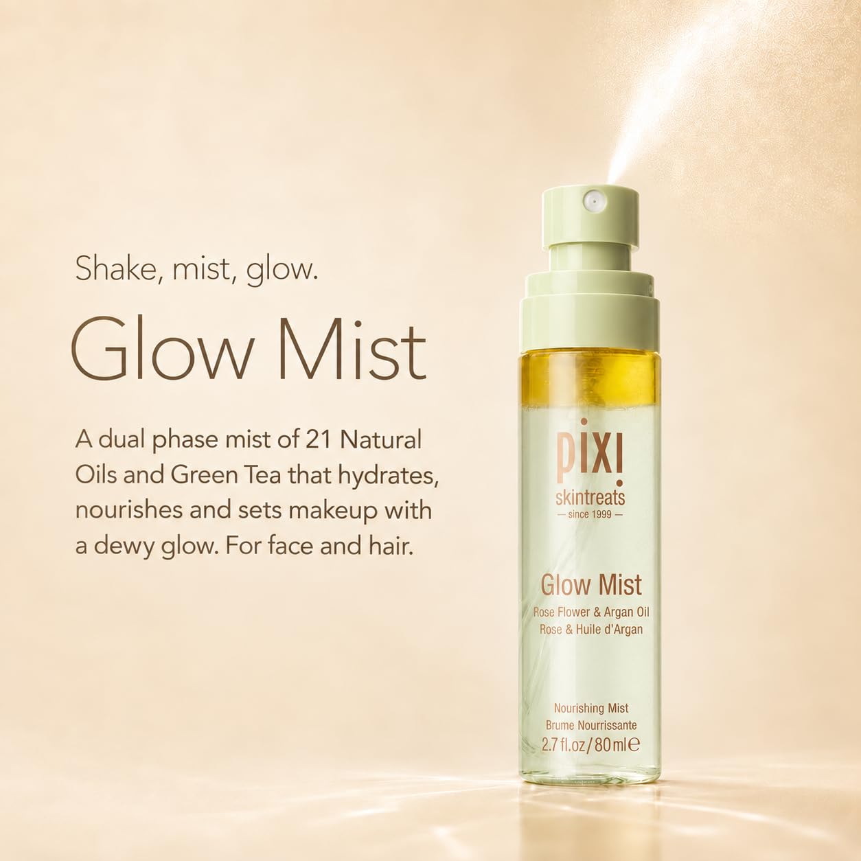 Pixi mist spraying onto face demonstrating instant hydration benefit