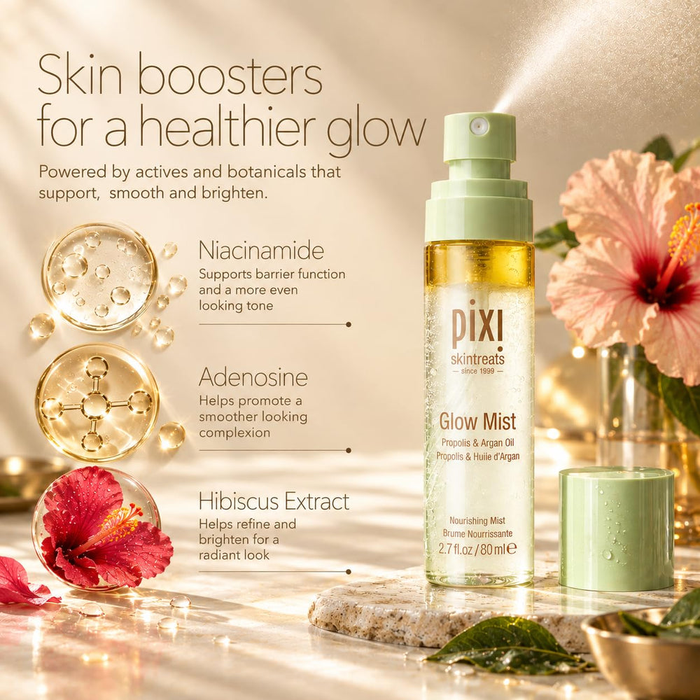 Glow Face Mist next to makeup illustrating setting and radiant benefit