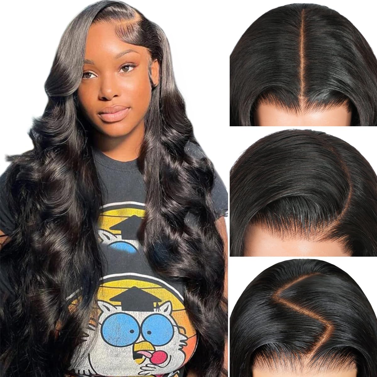 Pizazz front view 13x6 body wave wig showing natural parting and volume