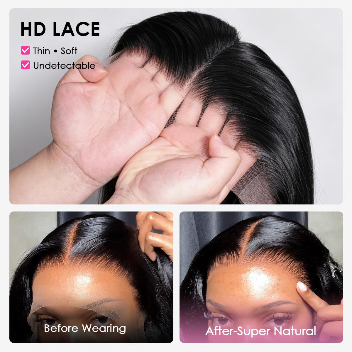 Pizazz hairline close-up with baby hairs showing immediate natural look benefit