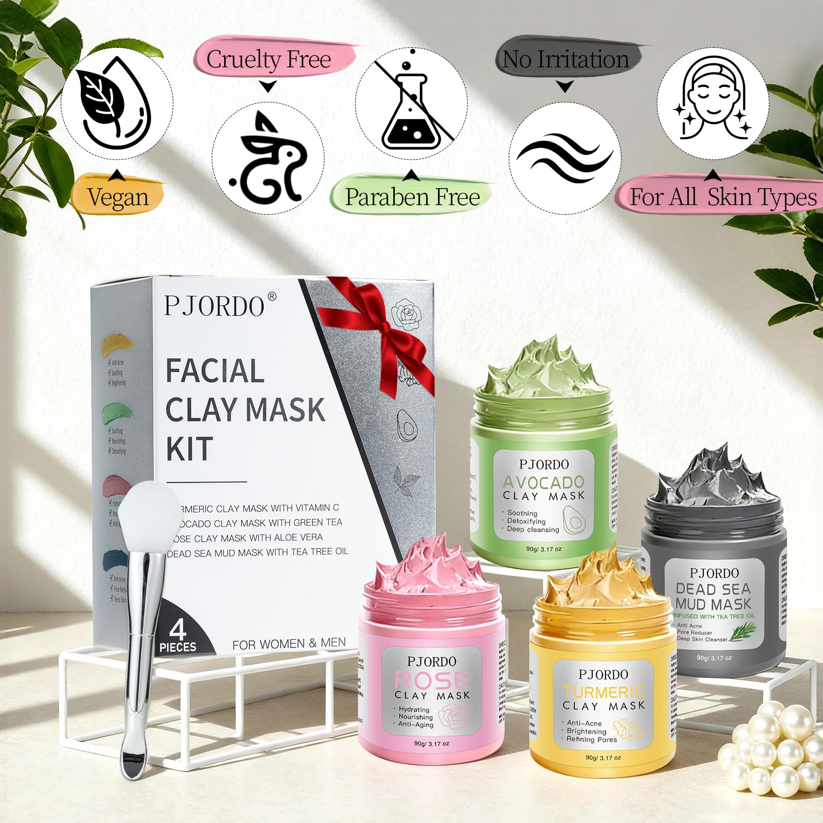 Pjordo mask set displayed in bathroom spa scene, promotes at-home ritual benefit