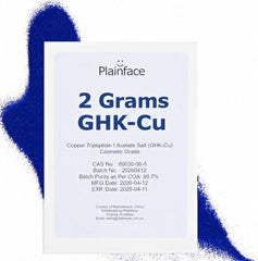 Plainface front vial showing 2g GHK-Cu powder and clear labeling benefit precision