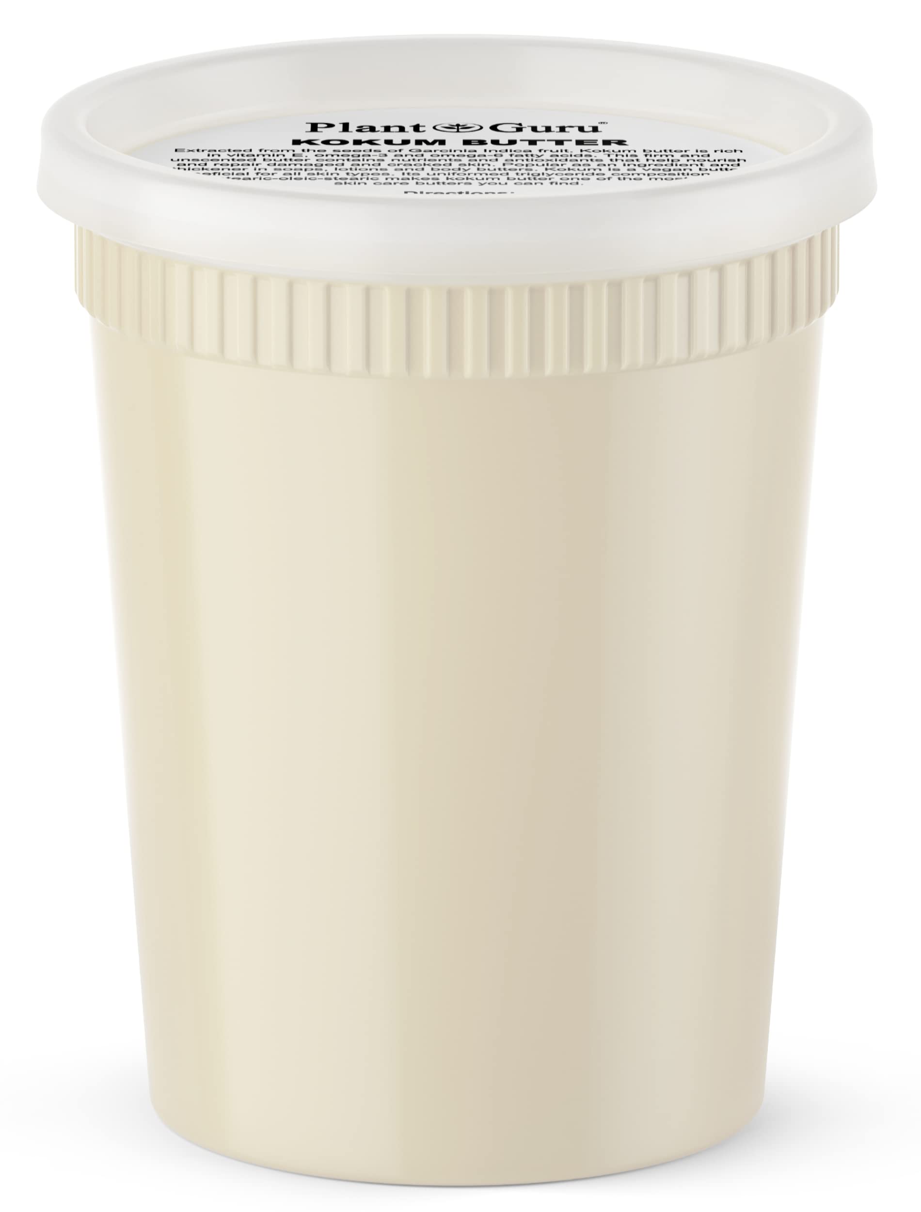 Plant Guru front packaging showing 32 oz raw kokum butter benefits