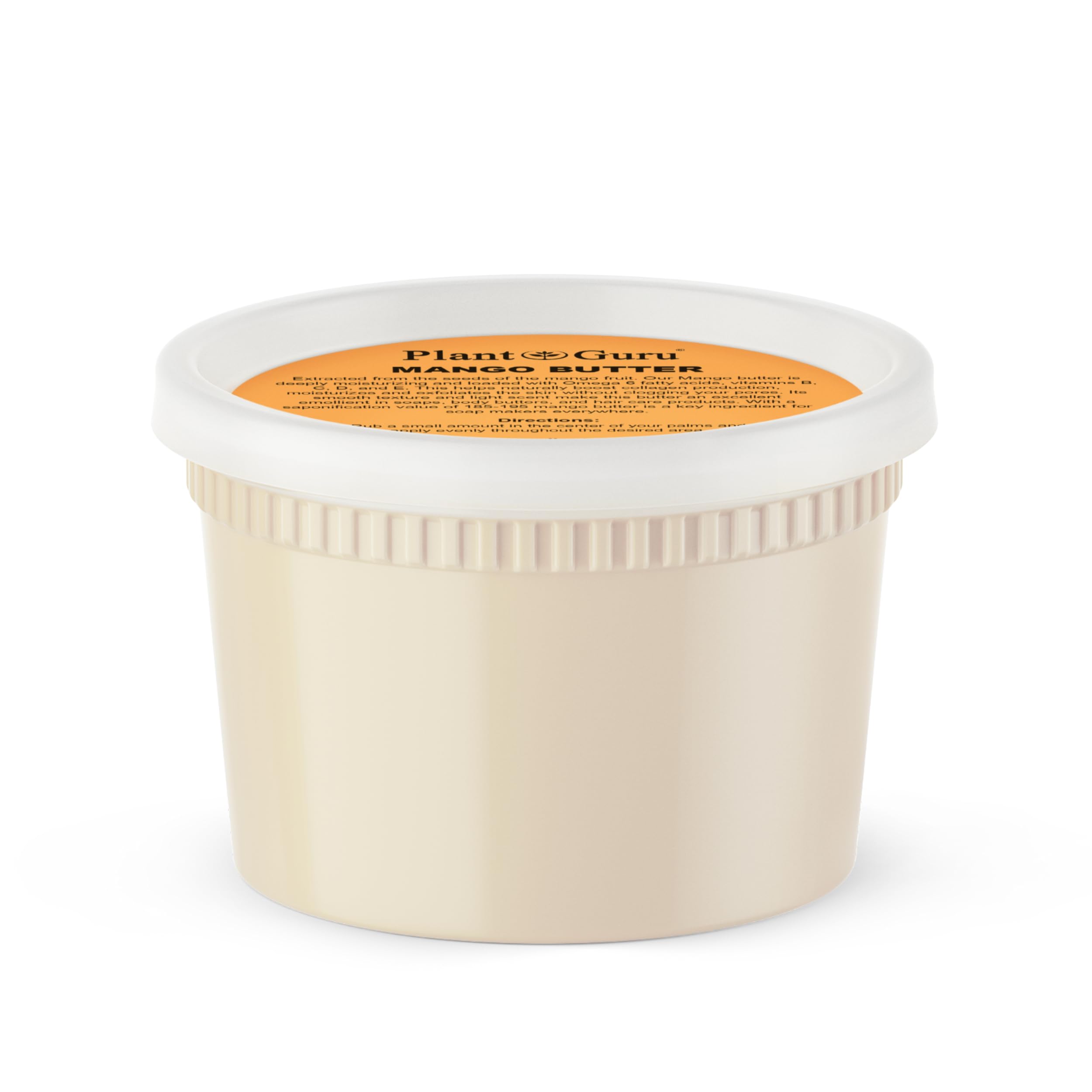 Plant Guru jar front view showing pure mango butter and clear labeling for natural moisturizing