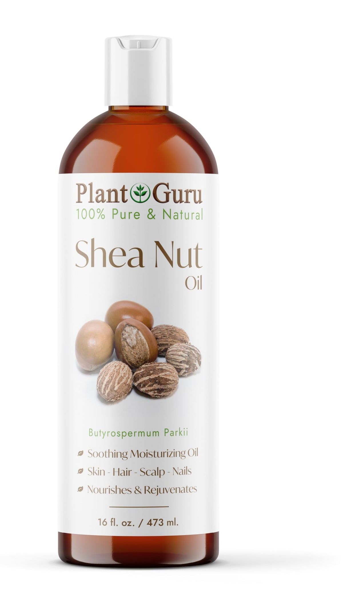 Plant Guru front bottle view showing pure shea nut oil packaging and brand benefit