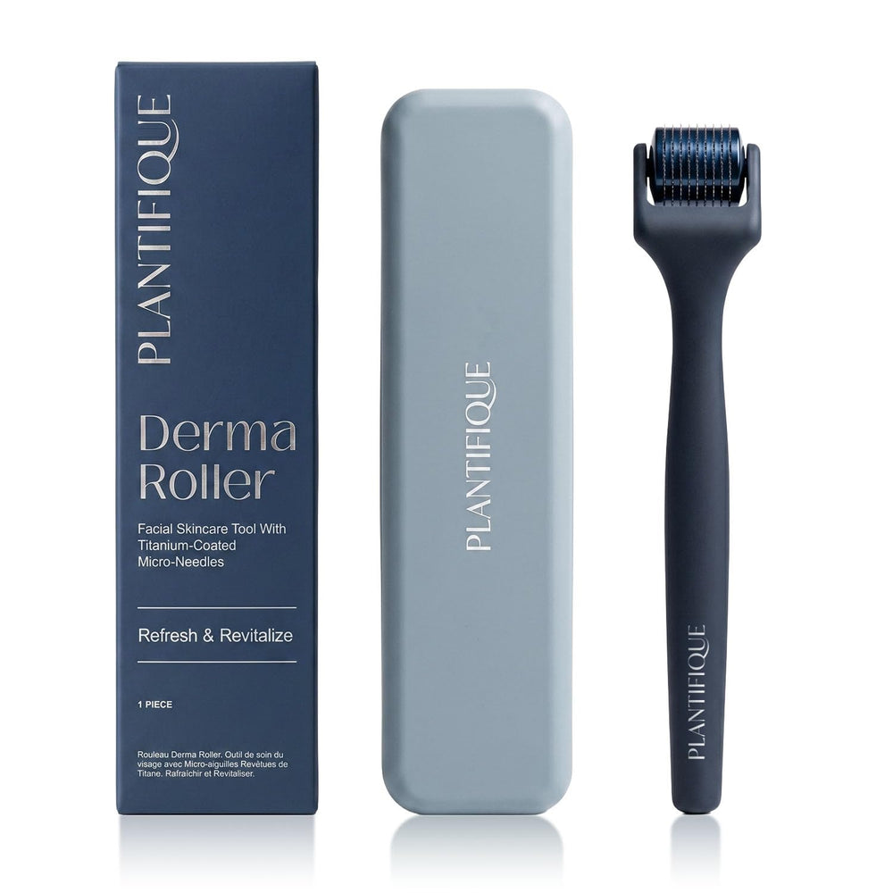 PLANTIFIQUE derma roller on bathroom counter with skincare items showing routine integration benefit