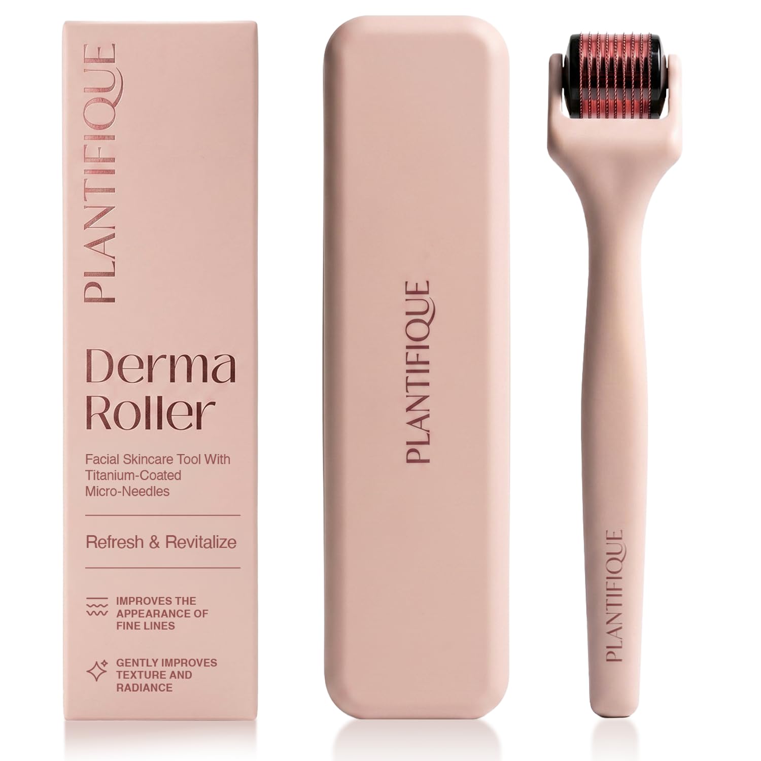 PLANTIFIQUE derma roller front view showing compact pink design and easy grip