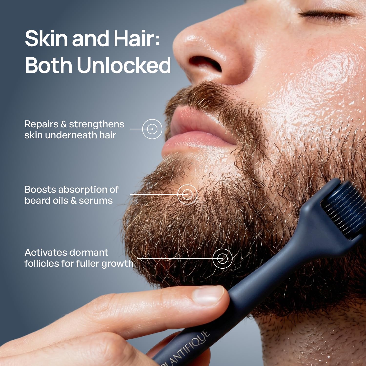 PLANTIFIQUE derma roller being used on beard area showing targeted grooming benefit
