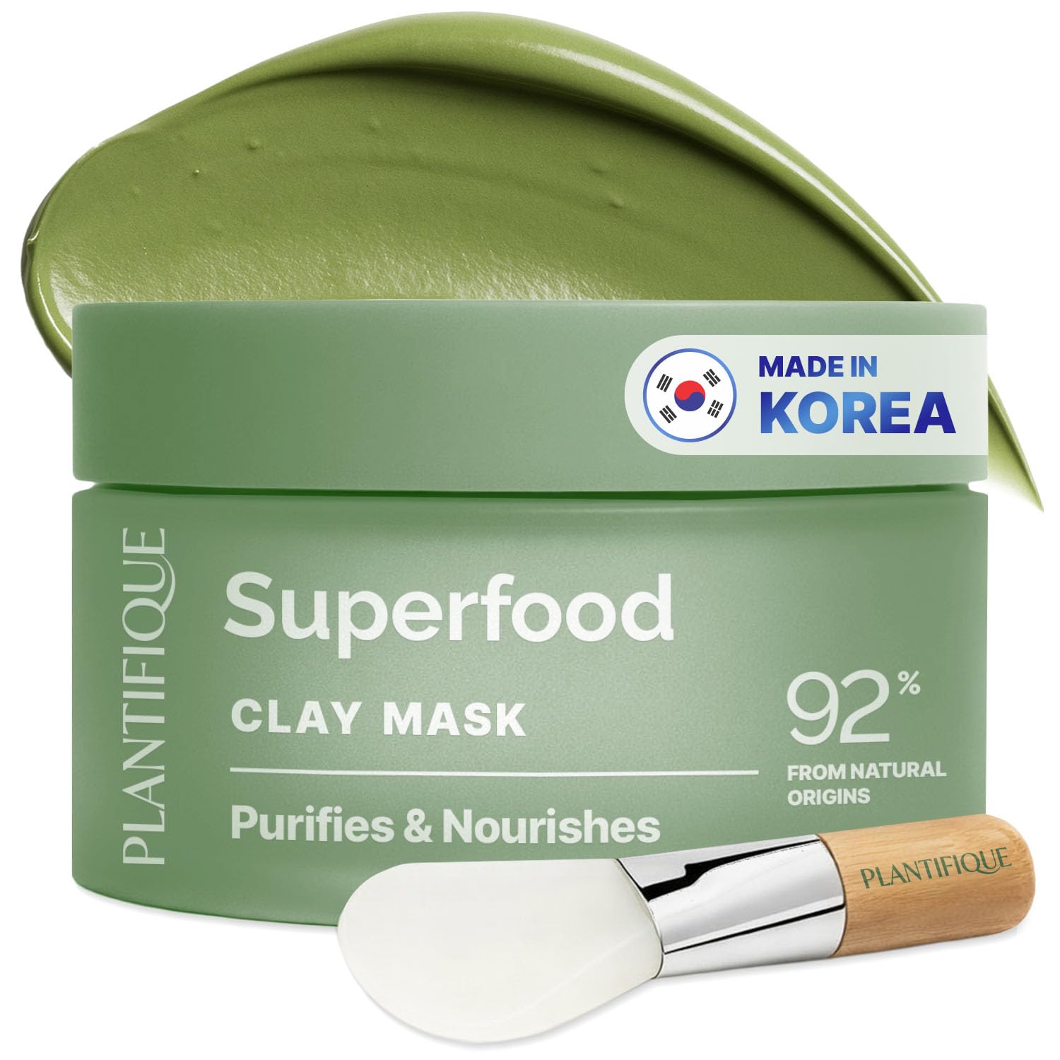 PLANTIFIQUE front jar of clay mask showing product packaging and benefits