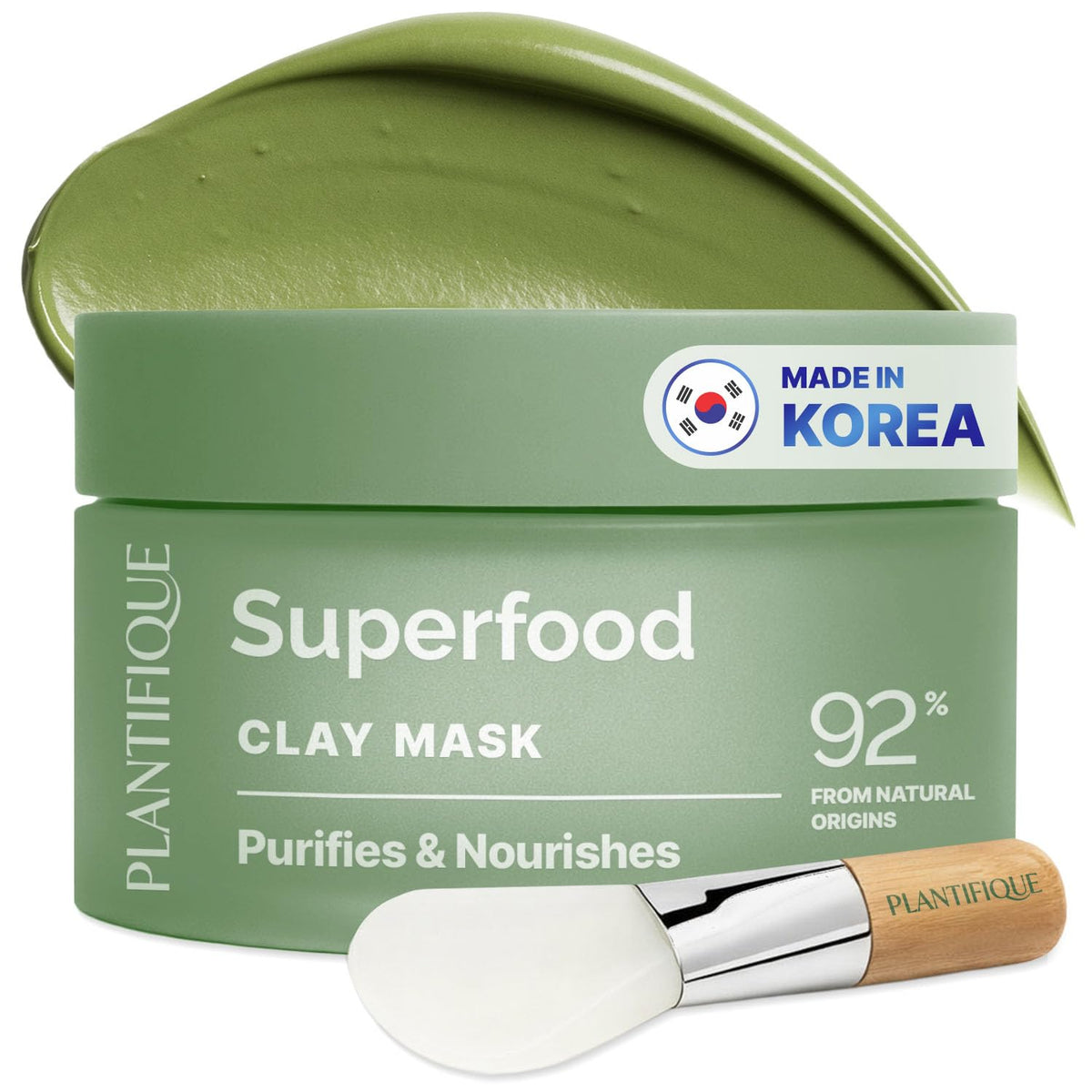 PLANTIFIQUE front jar of clay mask showing product packaging and benefits