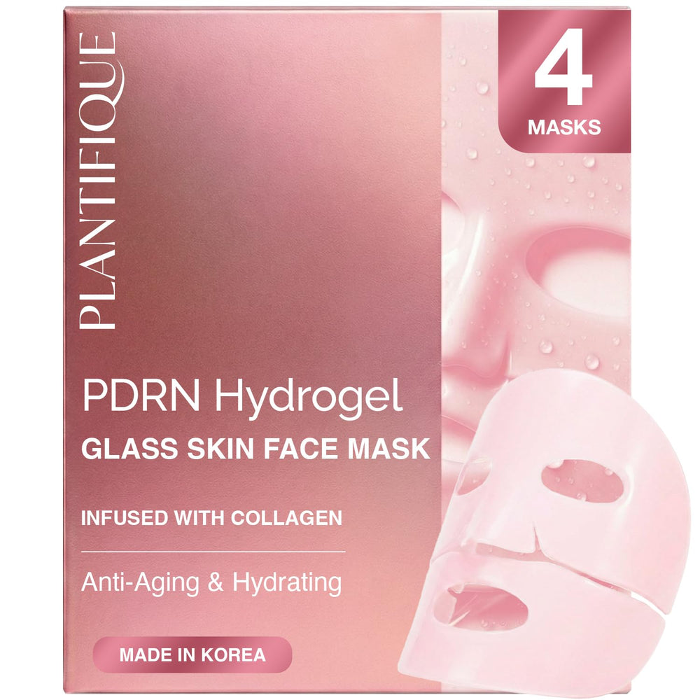 PLANTIFIQUE front packaging showing four hydrogel face masks and benefits