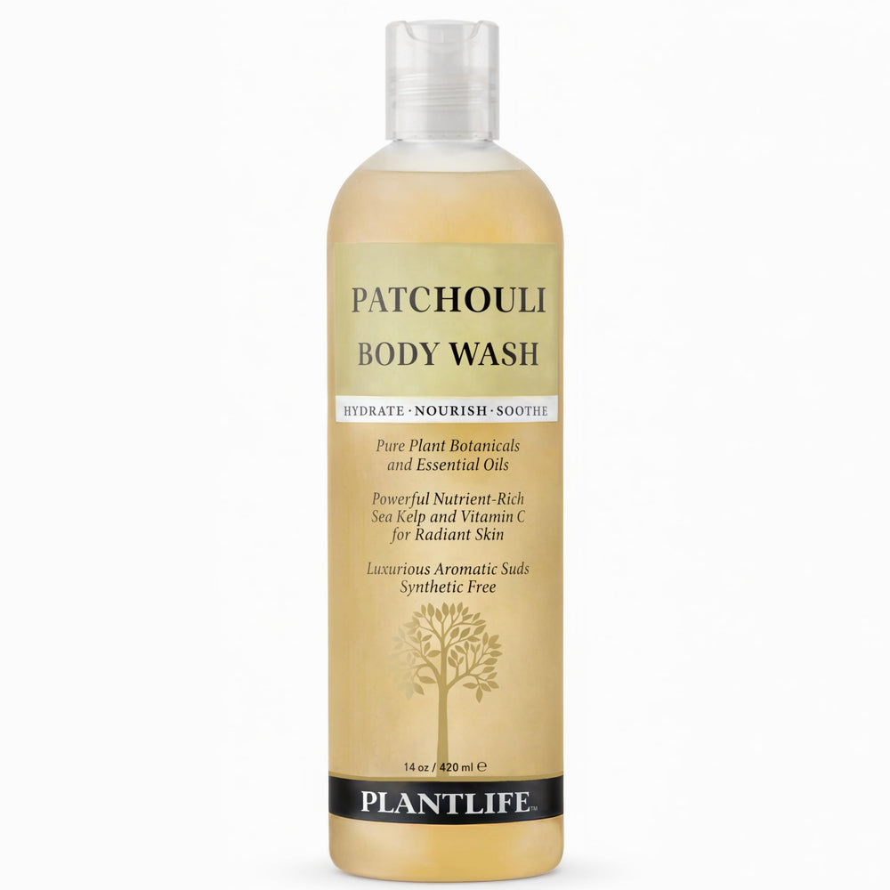 Plantlife front bottle view showing patchouli body wash and clear branding, easy identification