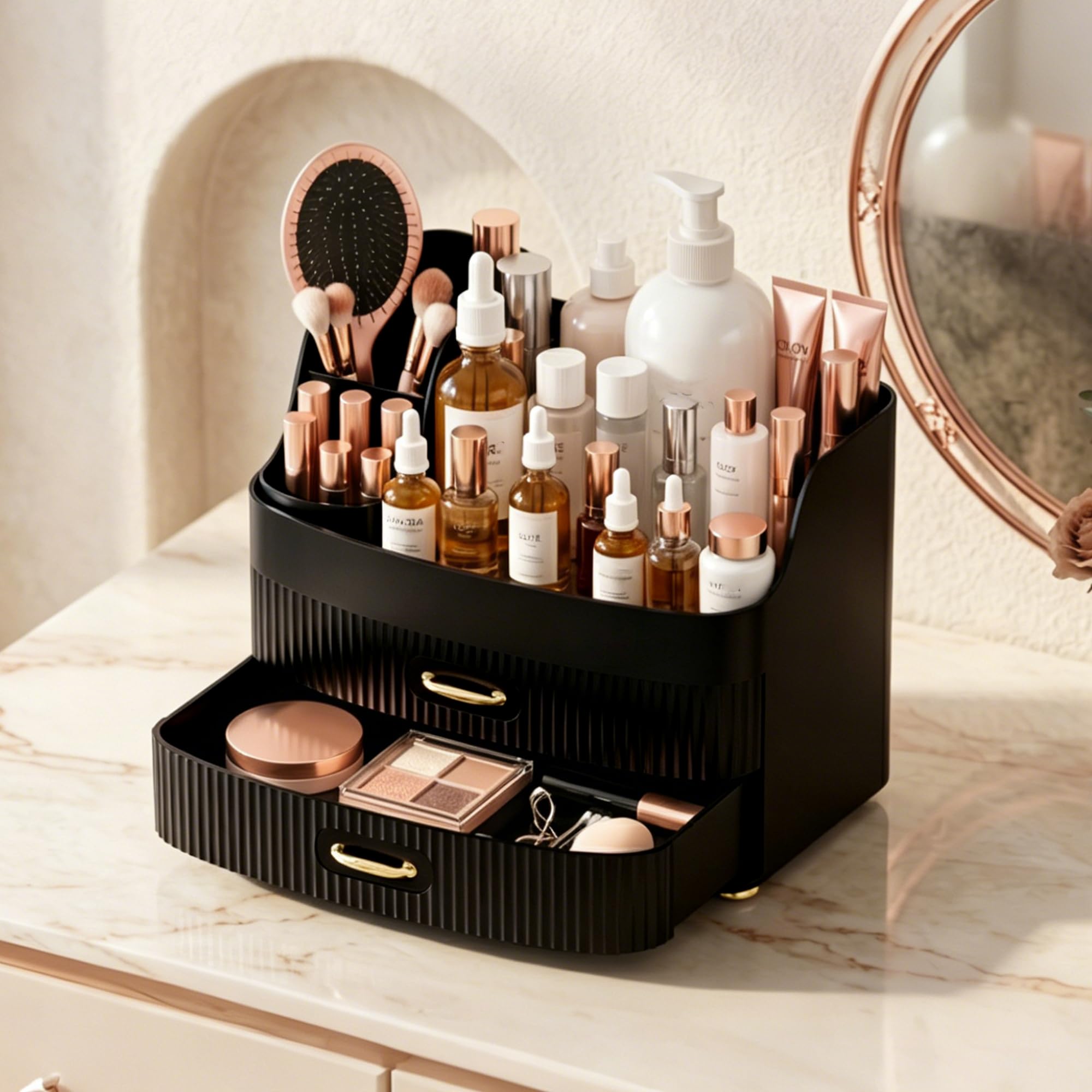 Plukers open drawer filled with palettes and tubes for tidy organization