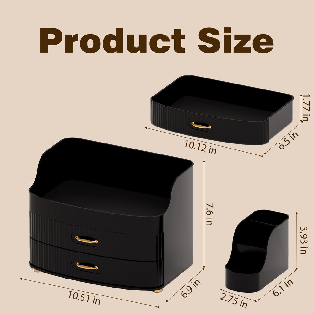 Plukers organizer on vanity displaying compact footprint and stylish decluttering