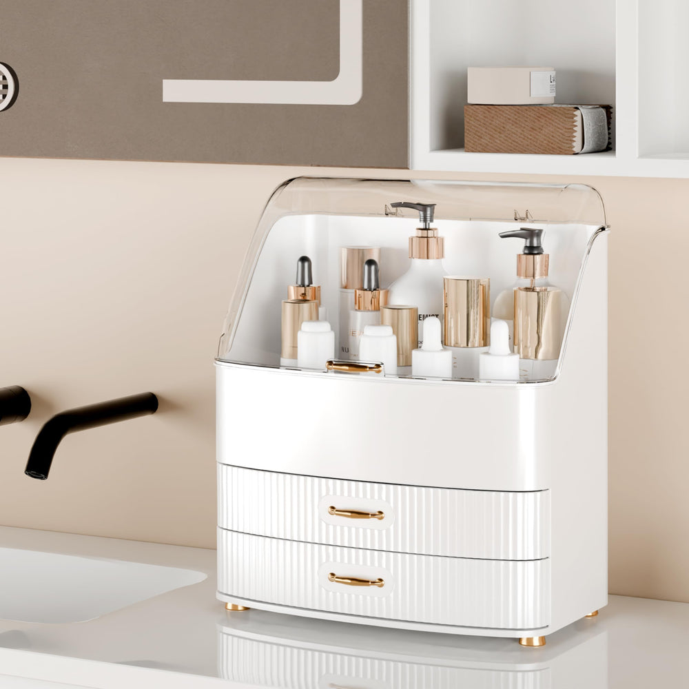Plukers organizer on bathroom counter demonstrating waterproof design and neat storage