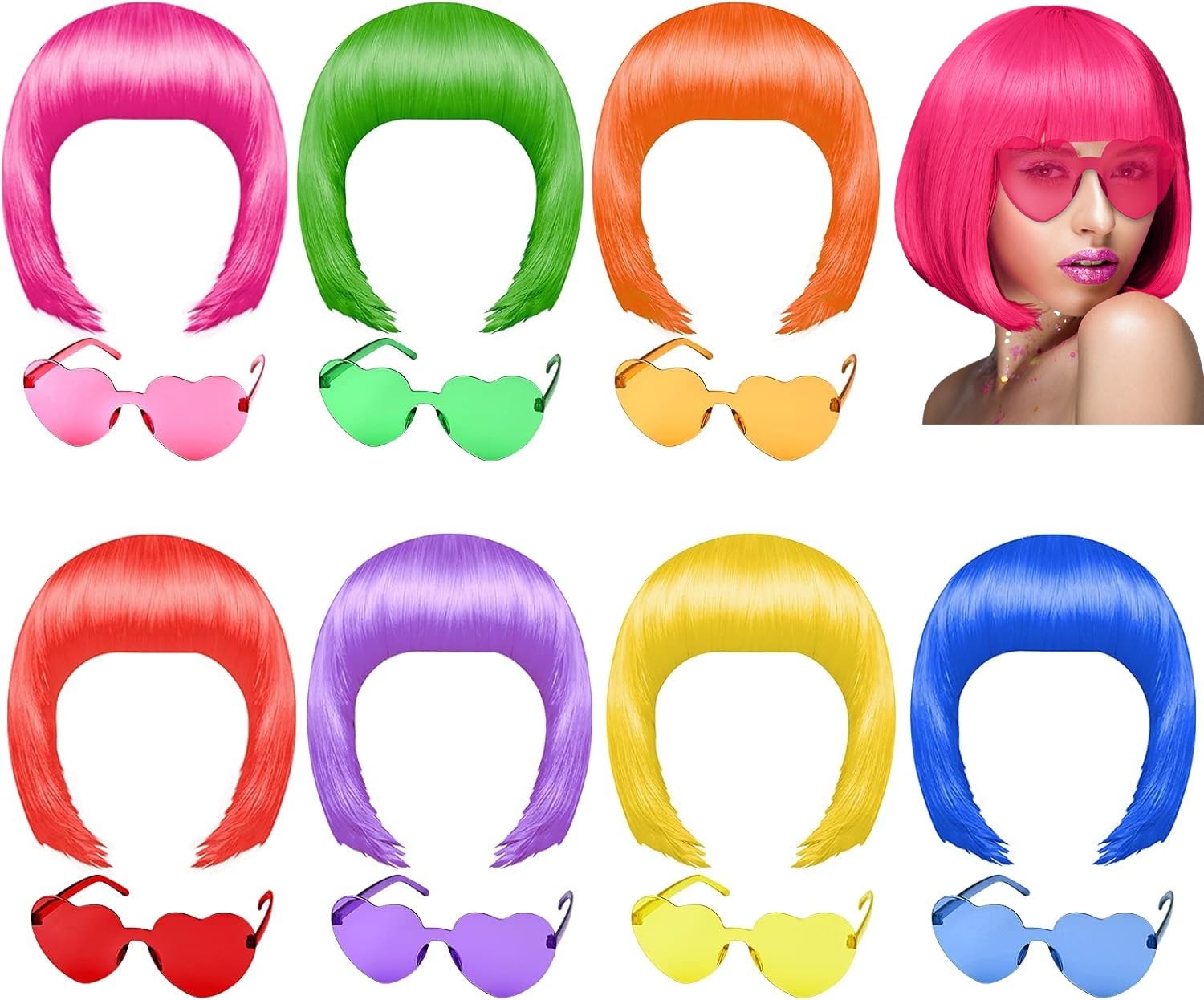 PLULON front view of full 14-piece set showing wigs and glasses for easy selection