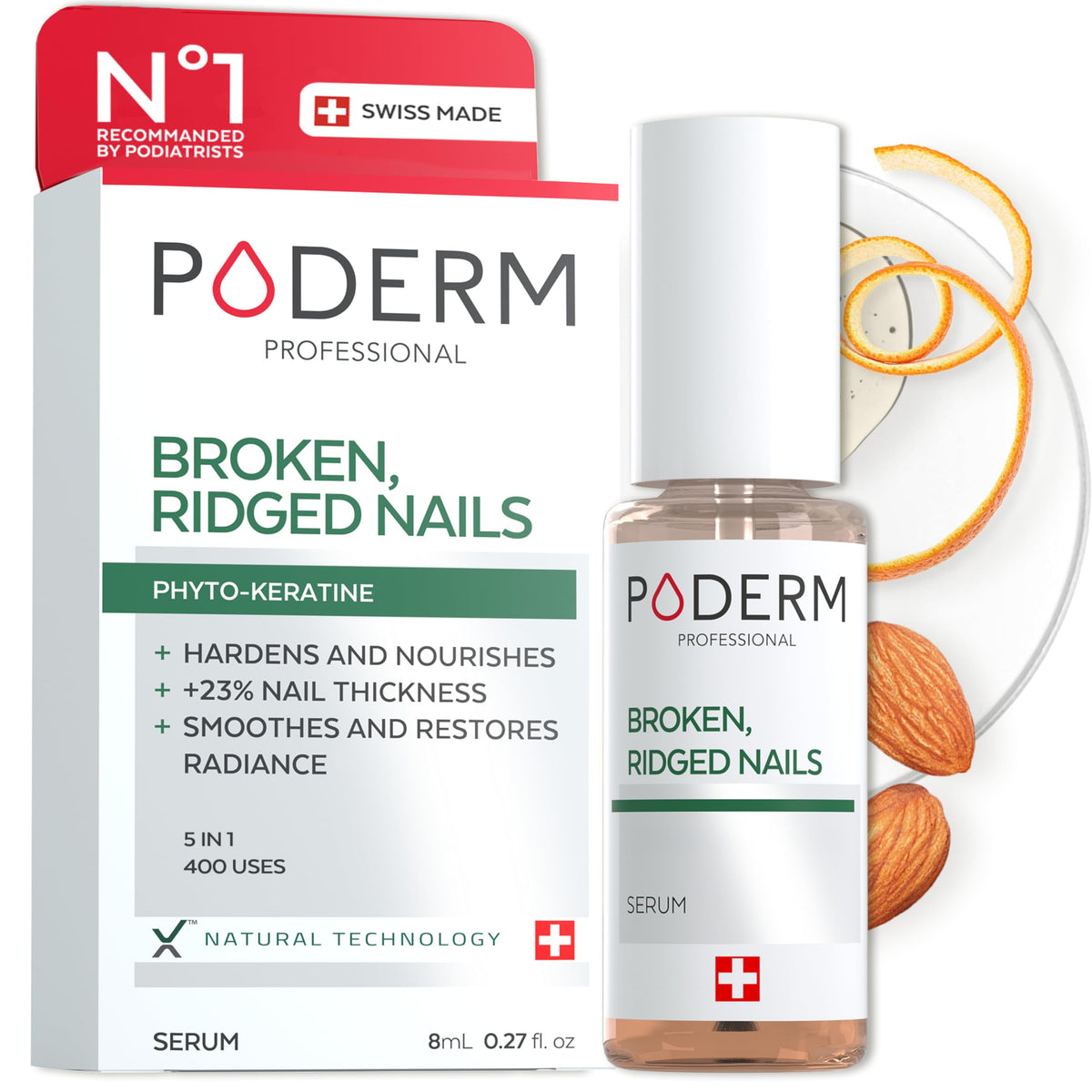 PODERM front bottle packaging showing label and Swiss made benefit