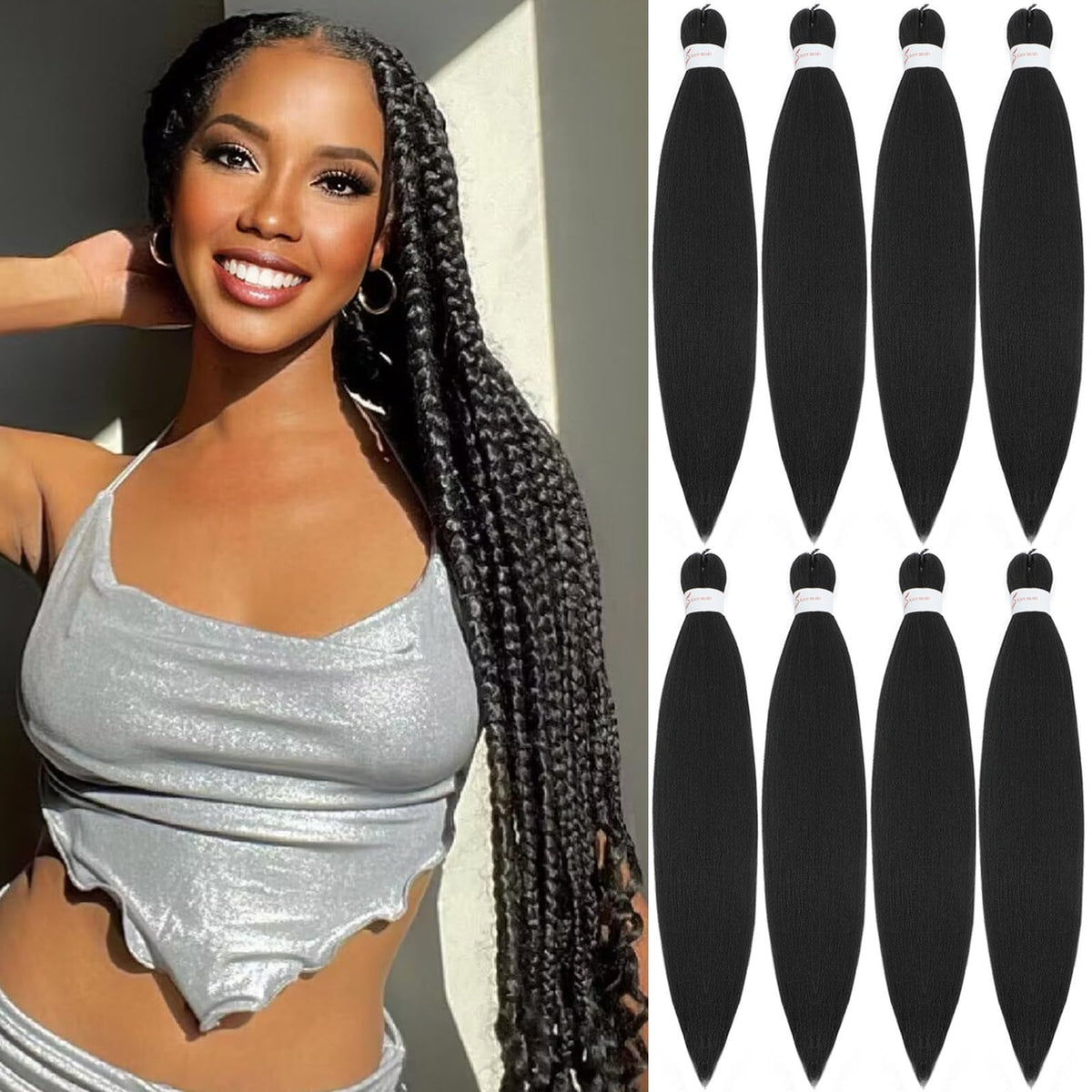 Pofworld front packaging showing 8-pack pre-stretched braiding hair, easy prep benefit