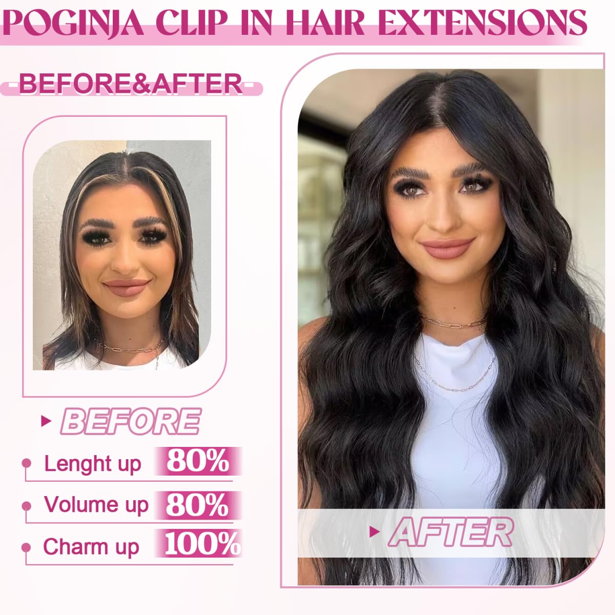 POGINJA styled long hair in use demonstrating instant length and volume