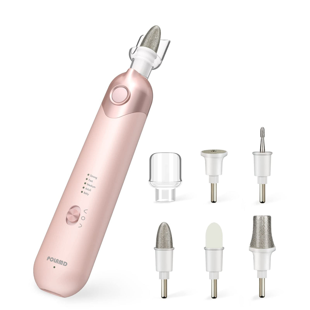 POLAMD handpiece front view showing ergonomic grip and pink finish for comfortable control