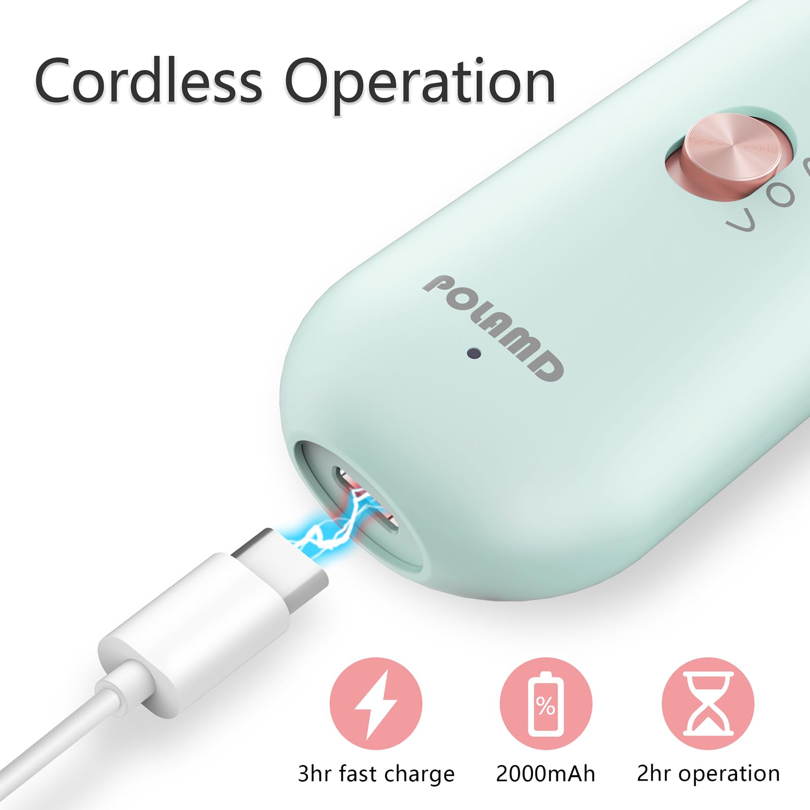 POLAMD in-use manicure lifestyle scene demonstrating cordless convenience and accuracy