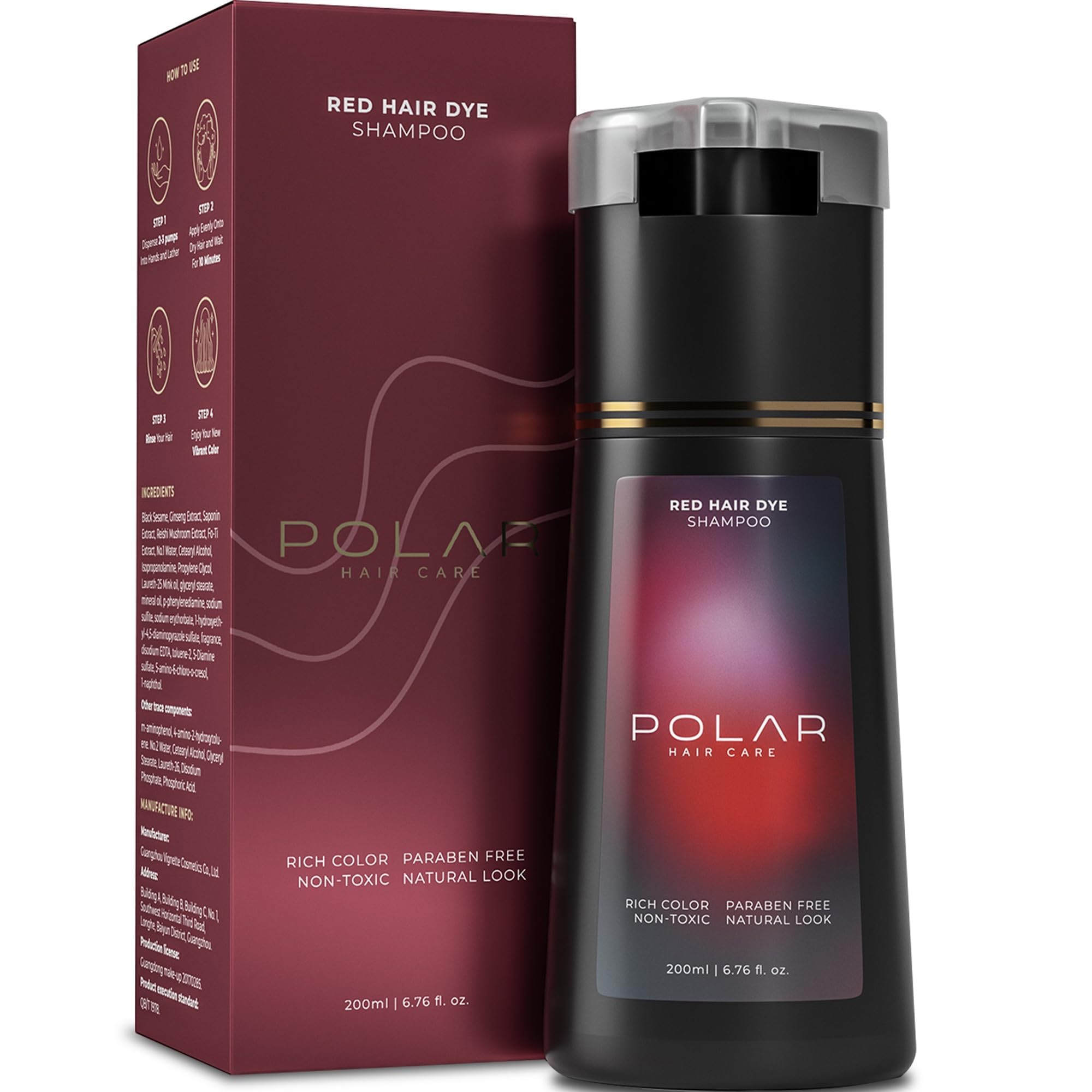 POLAR HAIR CARE front bottle showing red dye shampoo and clear benefit