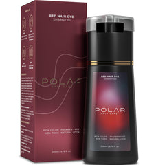 POLAR HAIR CARE front bottle showing red dye shampoo and clear benefit
