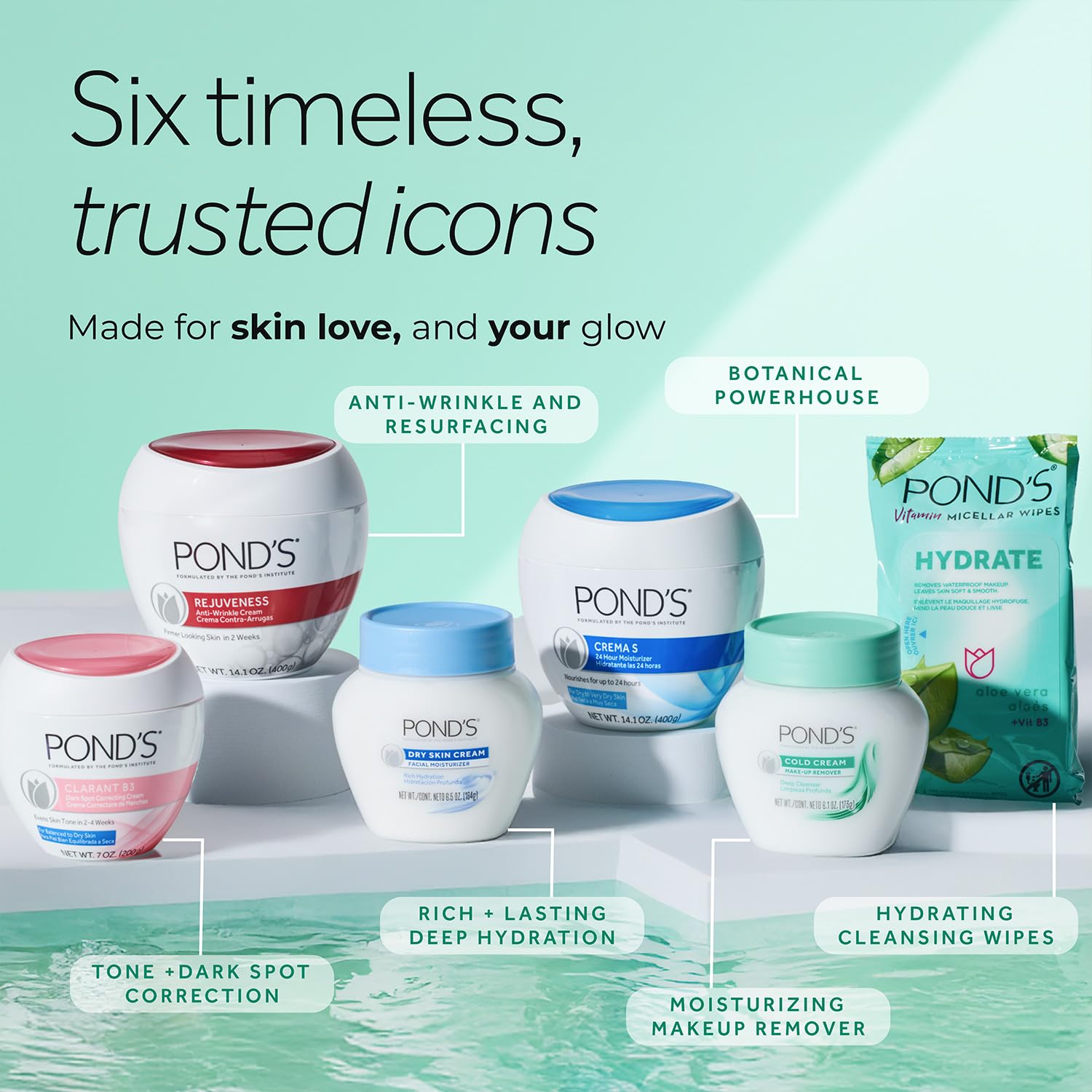 POND'S set on bathroom shelf lifestyle scene showing everyday routine compatibility