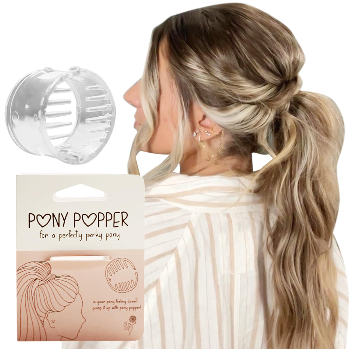 Pony Popper front view showing clear design and discreet finish for polished ponytails