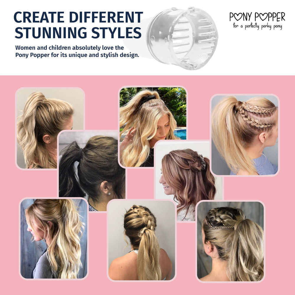Model wearing Pony Popper in a high ponytail demonstrating instant lifted volume