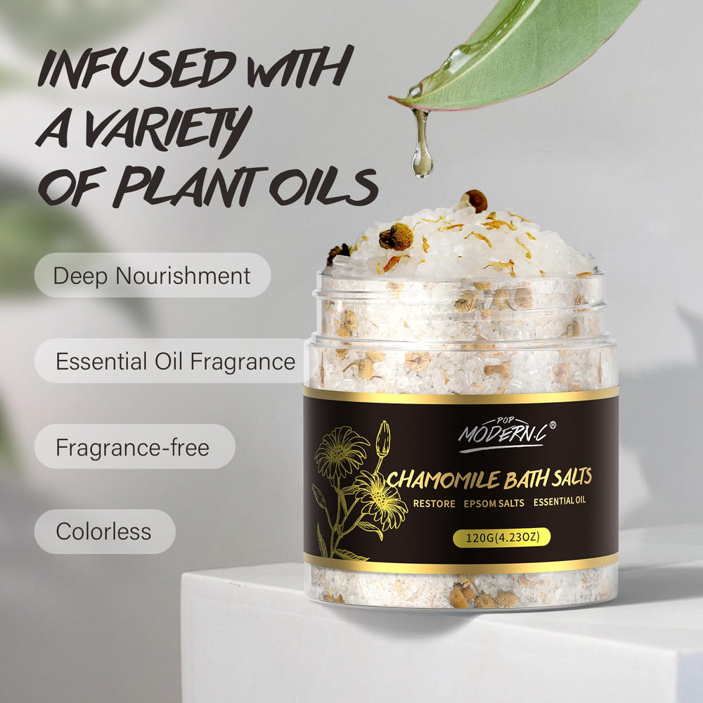 POP MODERN.C chamomile dried flowers detail demonstrating gentle, skin-soothing botanicals
