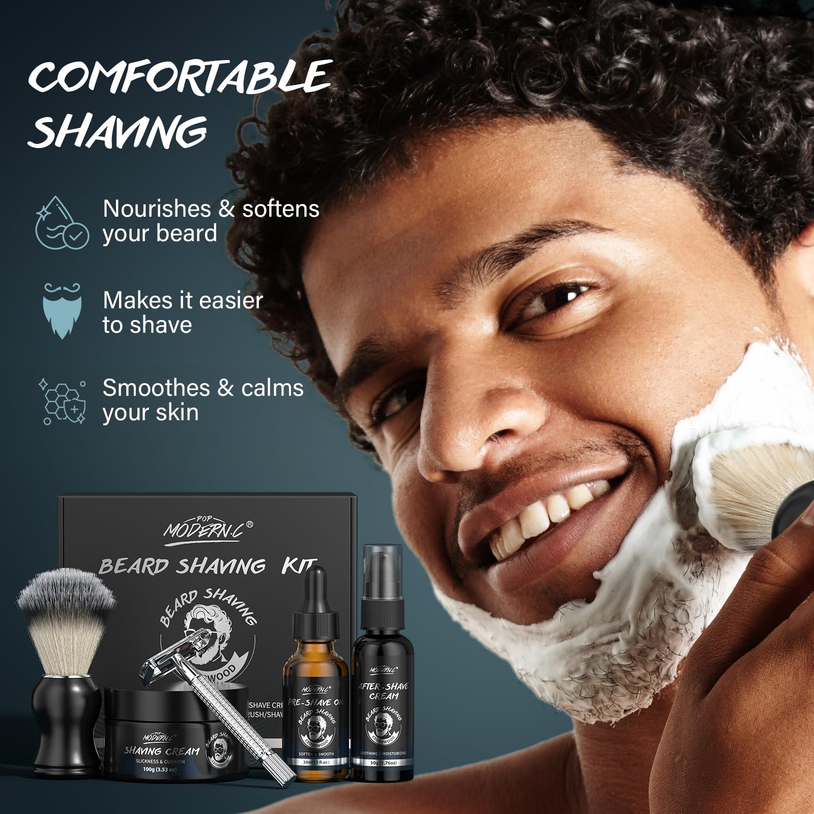 POP MODERN.C pre-shave oil close-up demonstrating smooth application and softer stubble