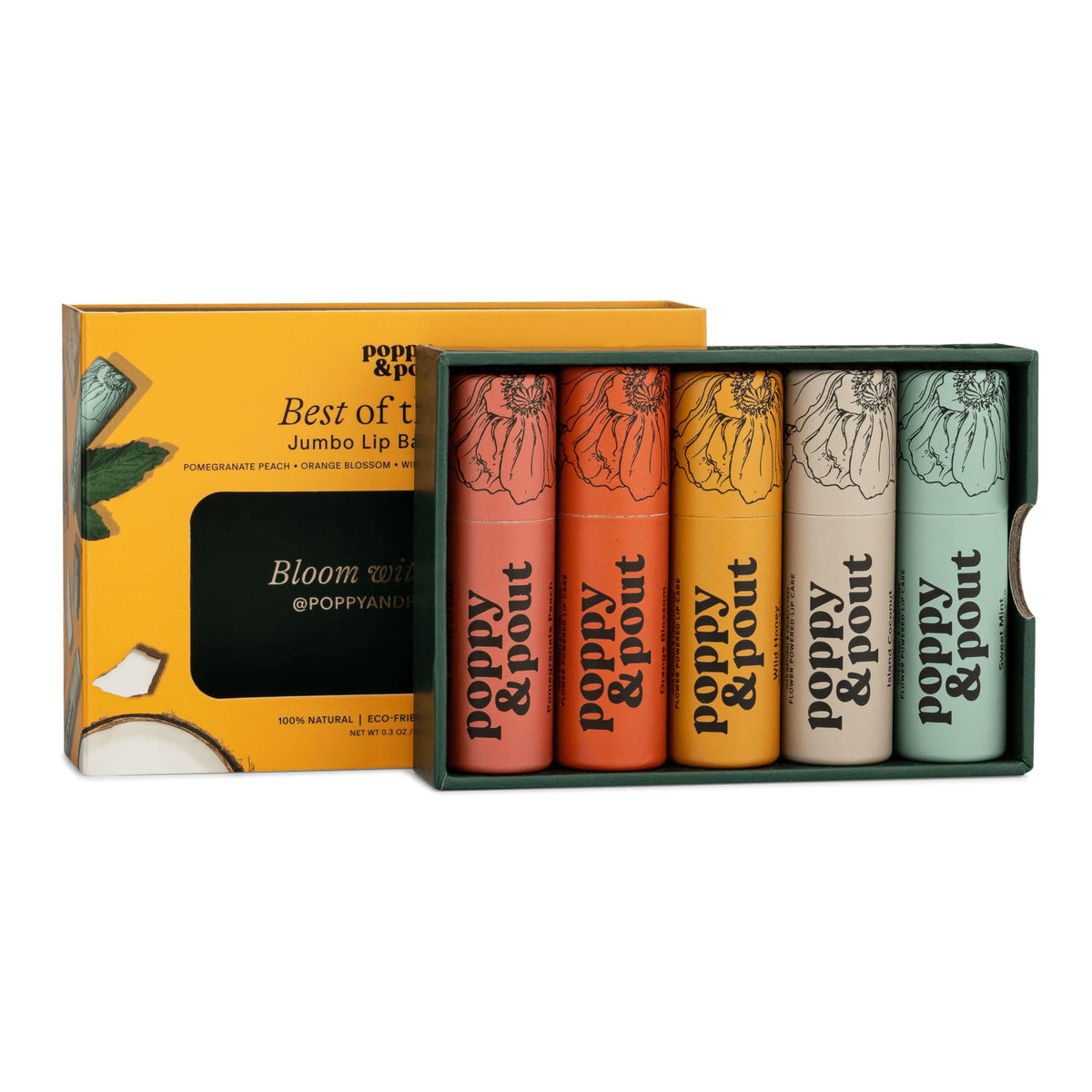 Poppy & Pout front packaging showing five jumbo balm tubes and flavor variety benefits