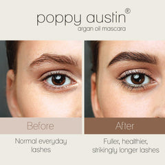 poppy austin mascara before and after lashes demonstrating visible length and volume
