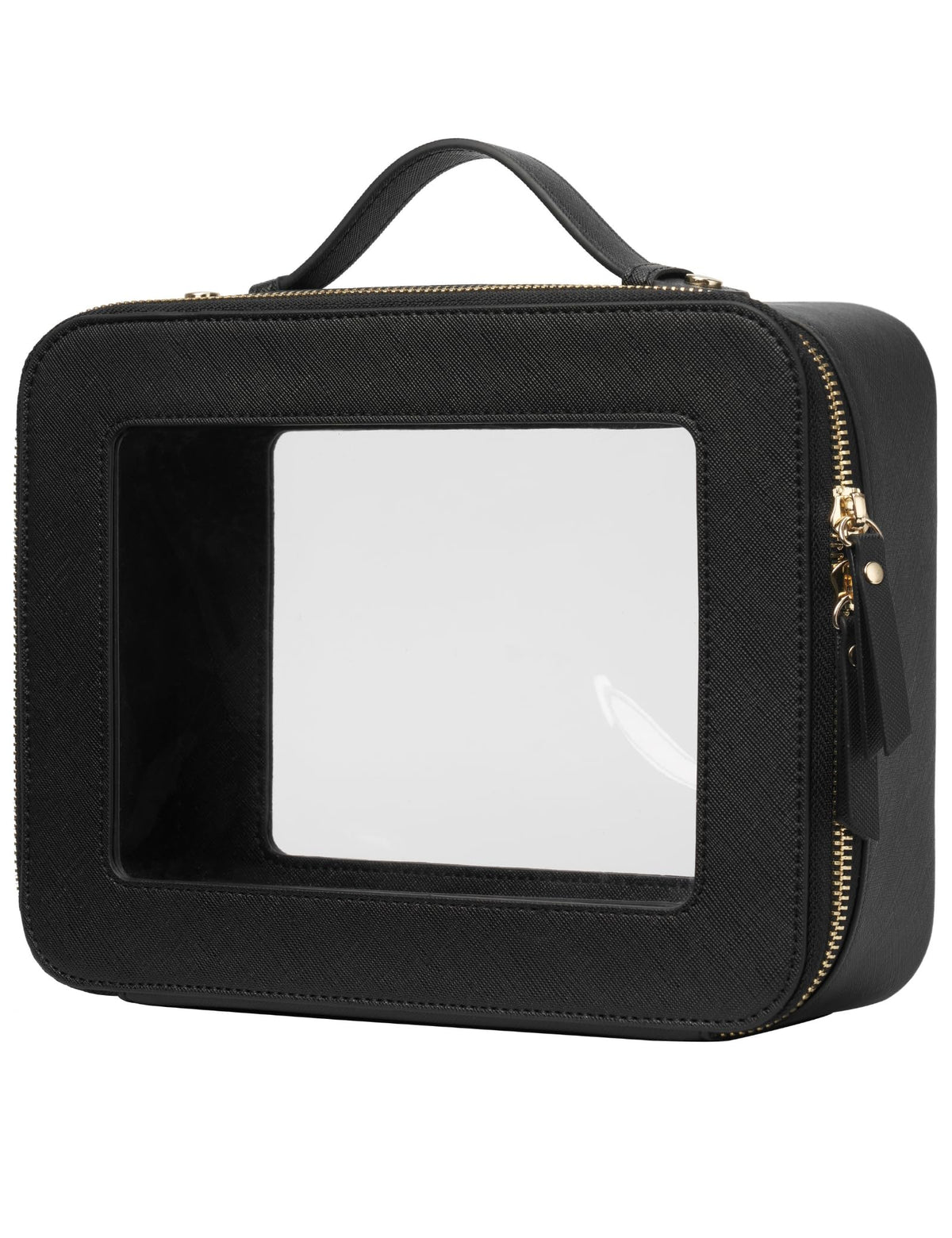 Popvibe front view of clear toiletry bag showing organized contents and quick access