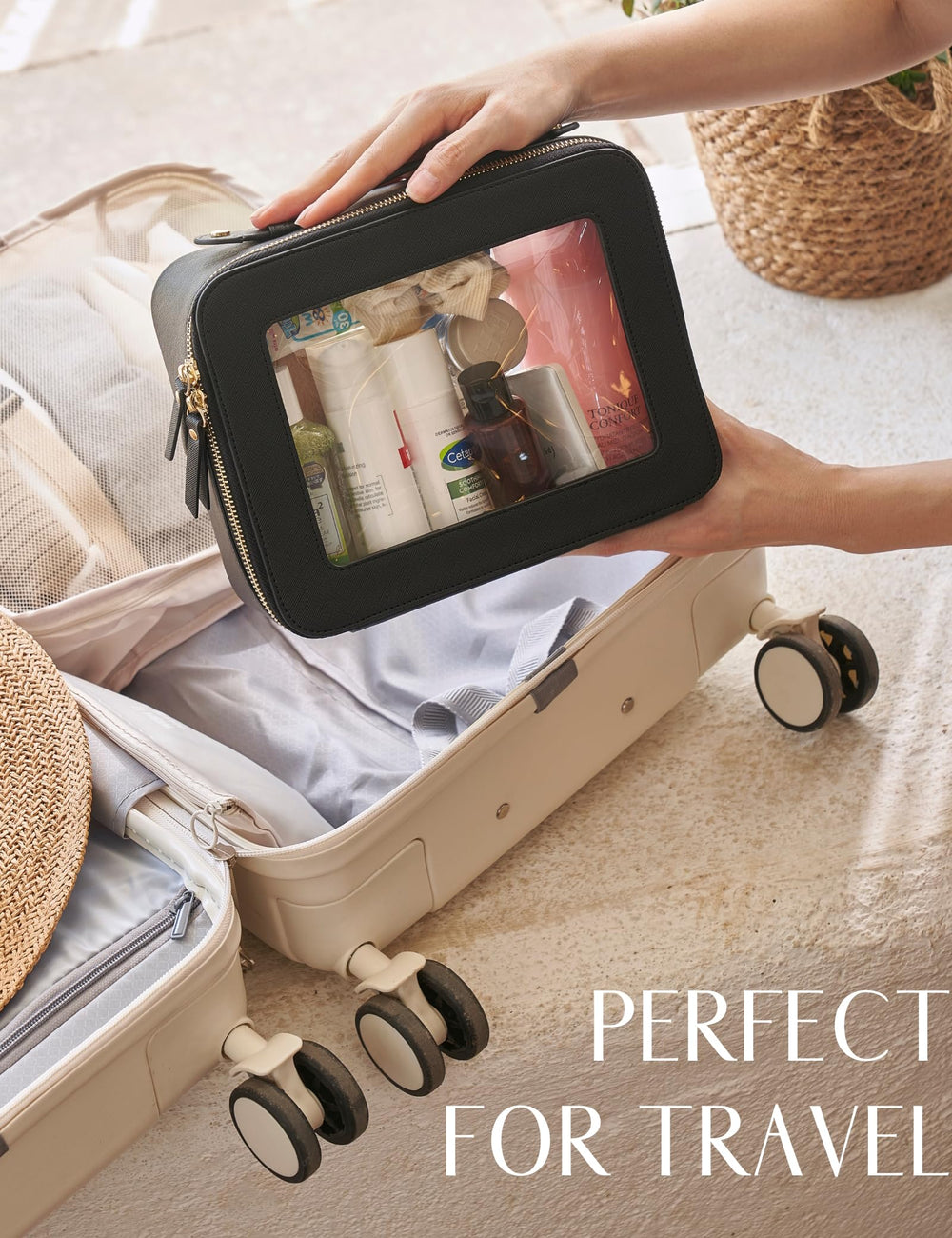 Popvibe toiletry bag in use on a vanity holding makeup and skincare neatly