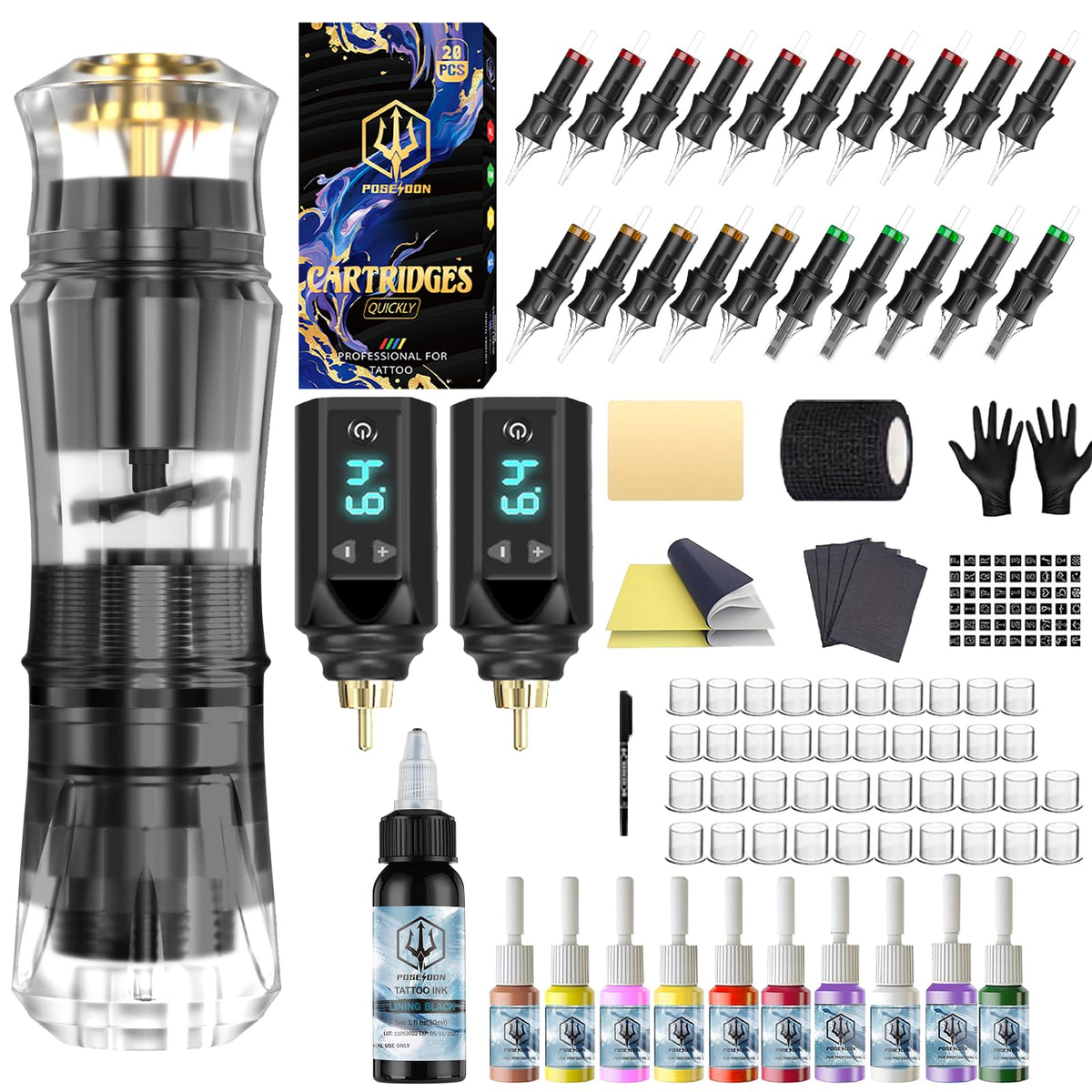 POSEIDON full kit front view showing pen batteries and inks for beginner convenience