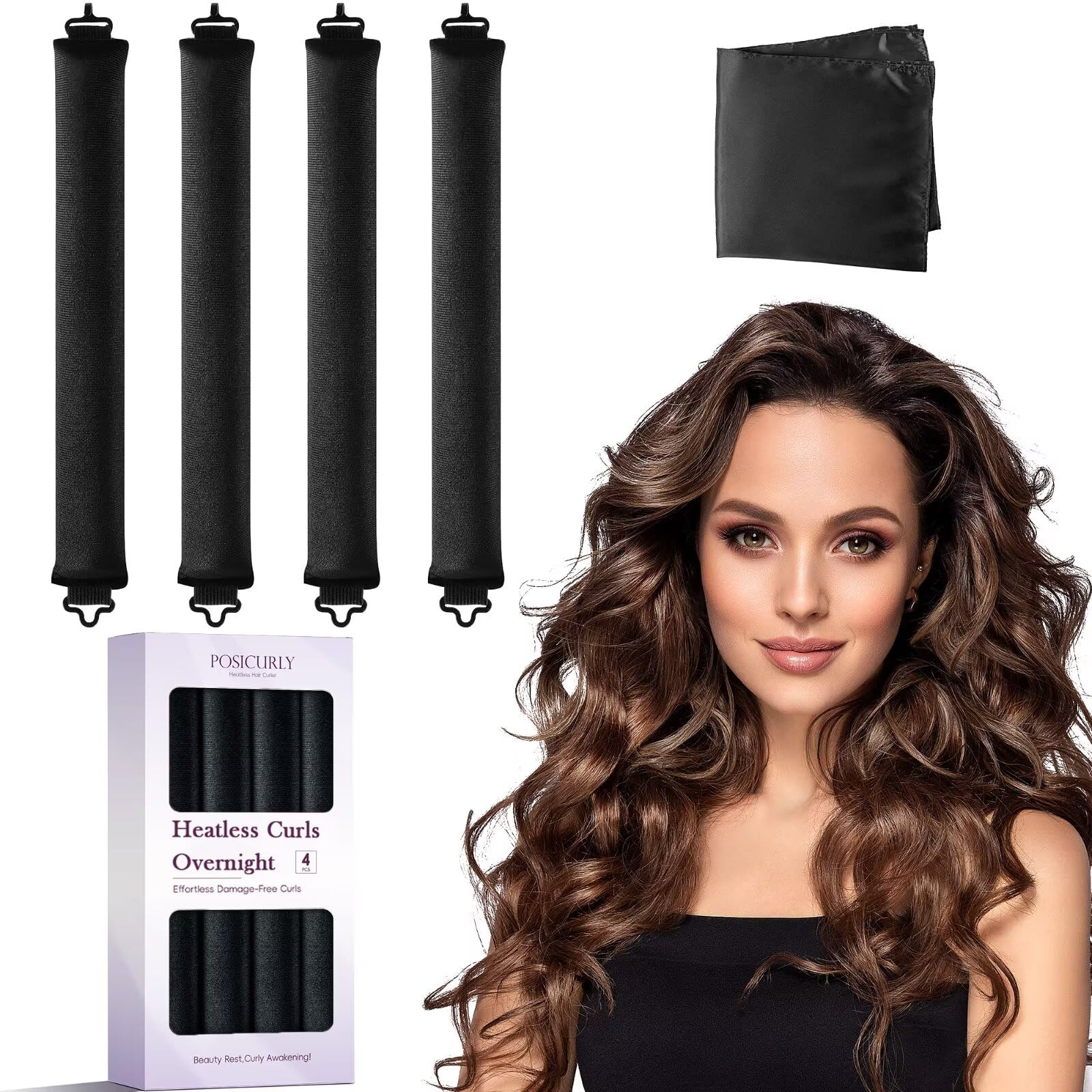 posicurly front packaging showing curlers and satin wrap, highlights convenience
