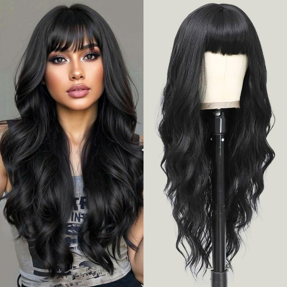 POUWENEY front view showing long black waves and flattering bangs for instant style