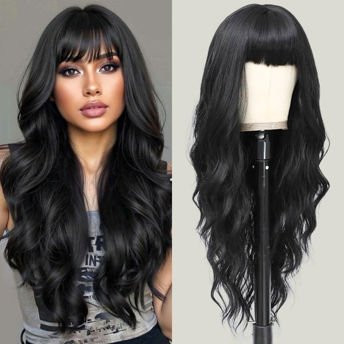 POUWENEY front view showing long black waves and flattering bangs for instant style