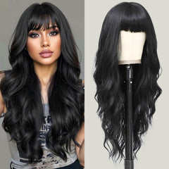 POUWENEY front view showing long black waves and flattering bangs for instant style